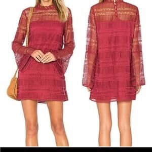 NEW Tularosa Matilda Lace Dress Wine Red High Neck Bell Sleeves Women Small